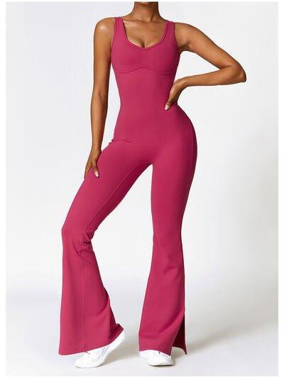 Wide Strap Bootcut Slit Active Jumpsuit - Dapper Deluxe Fashion