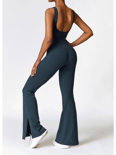 Wide Strap Bootcut Slit Active Jumpsuit - Dapper Deluxe Fashion