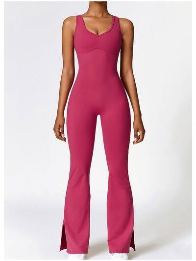 Wide Strap Bootcut Slit Active Jumpsuit - Dapper Deluxe Fashion