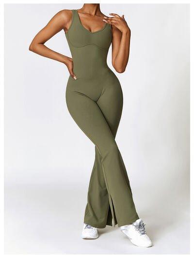 Wide Strap Bootcut Slit Active Jumpsuit - Dapper Deluxe Fashion