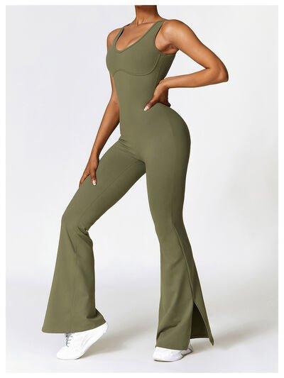 Wide Strap Bootcut Slit Active Jumpsuit - Dapper Deluxe Fashion