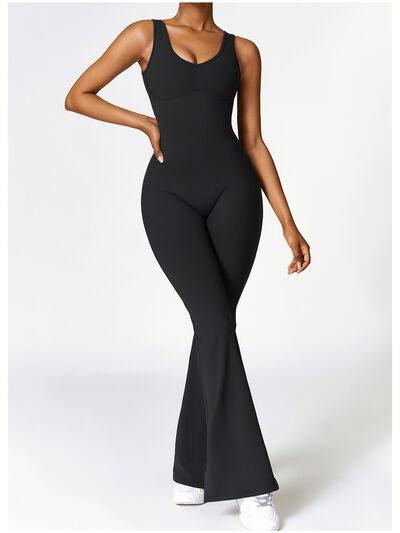 Wide Strap Bootcut Slit Active Jumpsuit - Dapper Deluxe Fashion